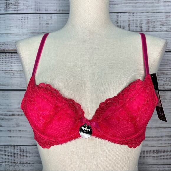 Gossard 34A Superboost Lace Padded Plunge Bra Rose Red Pink Underwire Mesh - Picture 1 of 14